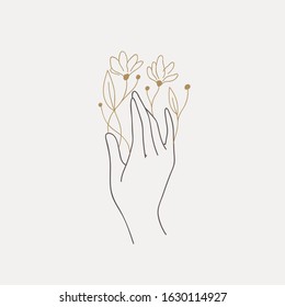 Logo design of hands with flower. Modern template in trendy linear minimal style. Vector abstract emblem, symbol for tattoo design, cosmetics and packaging, jewellery, hand made or beauty products