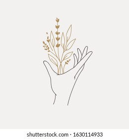 Logo design of hands with flower. Modern template in trendy linear minimal style. Vector abstract emblem, symbol for tattoo design, cosmetics and packaging, jewellery, hand made or beauty products