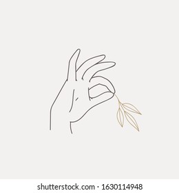 Logo design of hands with leafs. Modern template in trendy linear minimal style. Vector abstract emblem, symbol for tattoo design, cosmetics and packaging, jewellery, hand made or beauty products