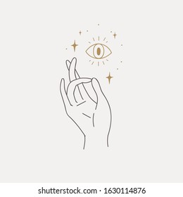 Logo design of hands with magic eye. Modern template in trendy linear minimal style. Vector abstract emblem, symbol for tattoo design, cosmetics and packaging, jewellery, hand made or beauty products