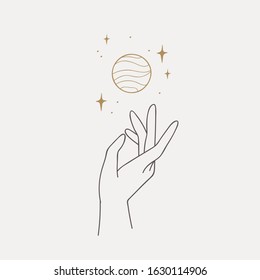 Logo design of hands with space. Modern template in trendy linear minimal style. Vector abstract emblem, symbol for tattoo design, cosmetics and packaging, jewellery, hand made or beauty products