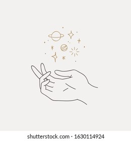 Logo design of hands with space. Modern template in trendy linear minimal style. Vector abstract emblem, symbol for tattoo design, cosmetics and packaging, jewellery, hand made or beauty products