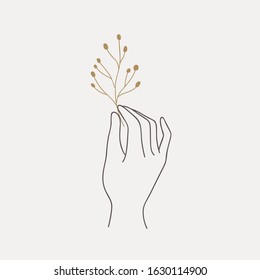 Logo design of hands with twig. Modern template in trendy linear minimal style. Vector abstract emblem, symbol for tattoo design, cosmetics and packaging, jewellery, hand made or beauty products