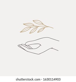 Logo design of hands with twig. Modern template in trendy linear minimal style. Vector abstract emblem, symbol for tattoo design, cosmetics and packaging, jewellery, hand made or beauty products