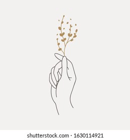 Logo design of hands with twig. Modern template in trendy linear minimal style. Vector abstract emblem, symbol for tattoo design, cosmetics and packaging, jewellery, hand made or beauty products