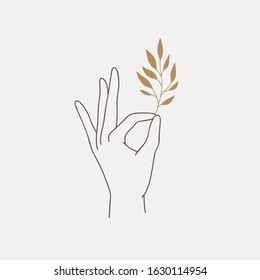 Logo design of hands with twig. Modern template in trendy linear minimal style. Vector abstract emblem, symbol for tattoo design, cosmetics and packaging, jewellery, hand made or beauty products