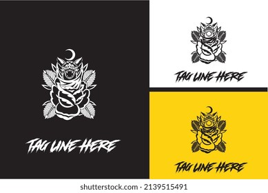 logo design of head bat and flower vector black and white