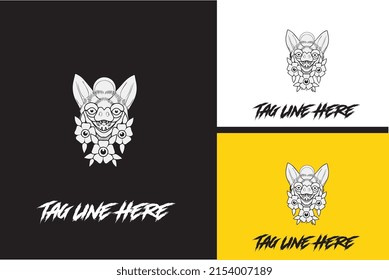 logo design of head bat and flower vector black and white