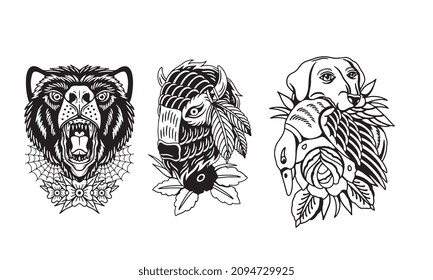 logo design of head bear, head bull and head dog vector illustration
