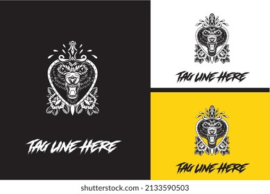 logo design of head bear and sword vector black and white