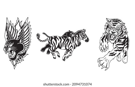 logo design of head black panther, zebra and tiger black and white vector illustration