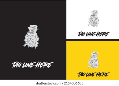 logo design of head devil and flower vector black and white