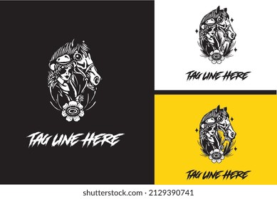 logo design of head horse and beauty women vector black and white