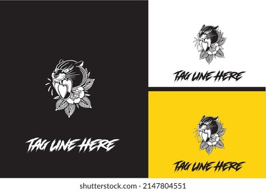 logo design of head panther and flower vector black and white