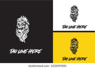 logo design of head skull and flame vector black and white