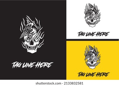 logo design of head skull with flame vector black and white