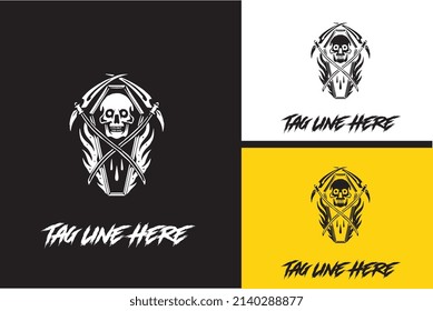logo design of head skull and flame vector black and white