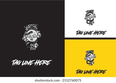 logo design of head skull and flowers vector black and white