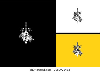 logo design of head skull and flowers vector black and white