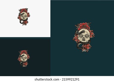 logo design of head skull and red rose vector