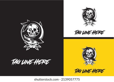 logo design of head skull and shark vector black and white