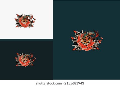 logo design of head snake with red rose vector