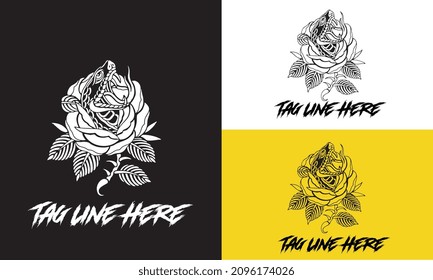 diseño de logotipo cabeza serpiente y rosa flor vector negro y blanco