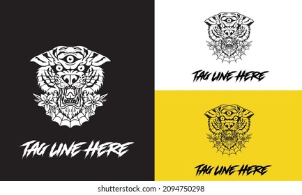 logo design of head tiger 3 eye vector illustration black and white