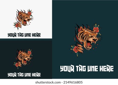 diseño del logotipo de la ilustración vectorial del enojado del tigre de cabeza