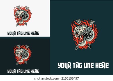 logo design of head tiger angry with arrow vector illustration