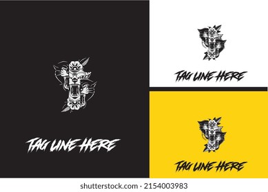 logo design of head tiger angry and flower vector black and white