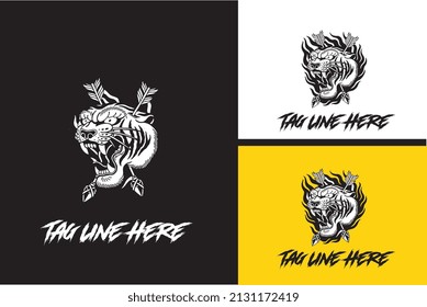 logo design of head tiger with flame vector black and white