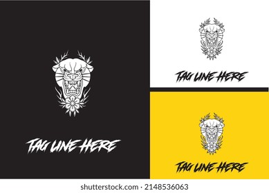logo design of head tiger and flower vector black and white
