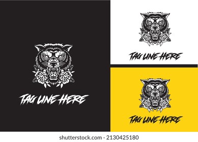 diseño del logotipo del lobo de cabeza y del vector de rosa negro y blanco
