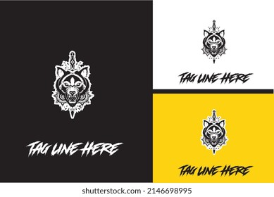 logo design of head wolf and sword vector black and white