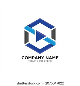 Logo design with hexagonal shape concept and play button for business company