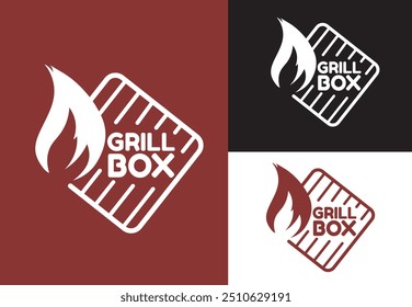 Design de logotipo para uma ferramenta de grelha de carne de alta qualidade com uma chama dinâmica e conceito moderno de caixa de grelha