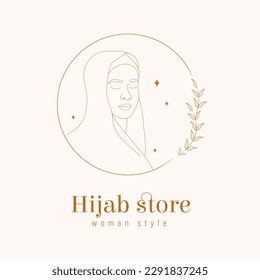 Diseño de logotipo para tienda de hijab. Resumen mujer árabe con ojos cerrados. Esbozo dibujado a mano de silueta hembra en la cabeza musulmana. Ilustración vectorial en un estilo de línea.