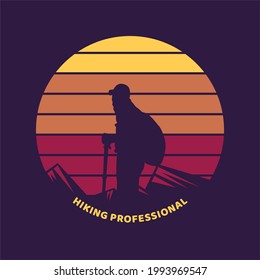 logo design hiking professional with silhouette man hiking vintage illustration