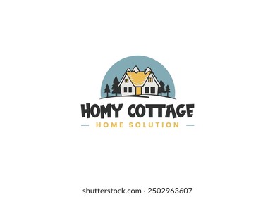 Diseño de logotipo para Homy Cottage que muestra una casa acogedora con montañas y árboles, ideal para una marca de soluciones para el hogar