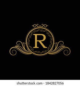 Logo Design for Hotel,Restaurant and others. Luxury Badge Logo Design of Letter R. Golden Luxury Letter R