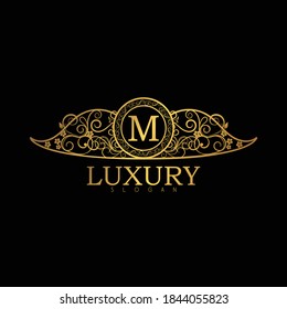 Logo Design for Hotel,Restaurant and others. Luxury Badge Logo Design of Letter M. Golden Luxury Letter M
