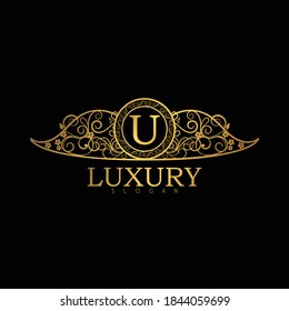 Logo Design for Hotel,Restaurant and others. Luxury Badge Logo Design of Letter U. Golden Luxury Letter U