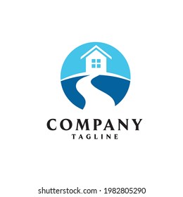 logo design of a house on a large area of ​​land and there is a river flow
