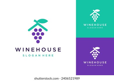 logo design of house wine or winery or wine with house roof and leaves