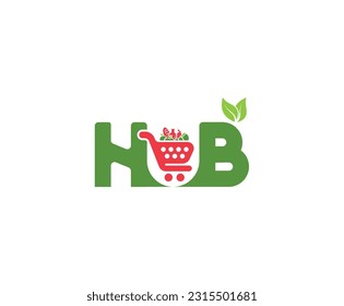 Logo Design HUB ein Konzept Einkaufswagen. Das Design des Frischwarenladens. Logo-Design für Supermarkt und Gemüseladen