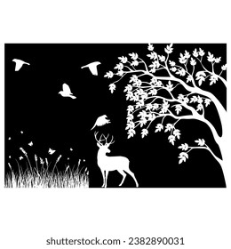 Logo Design Icon of bird deer background in forest with Elegant Modern Typography Look in Black and White Color Vector Illustration