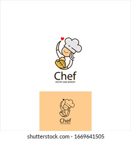 logo design, with the icon of a cute female chef carrying a variety of breads and symbols serving with heart