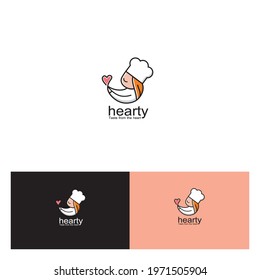 logo design, with the icon of a cute female chef and symbols serving with heart