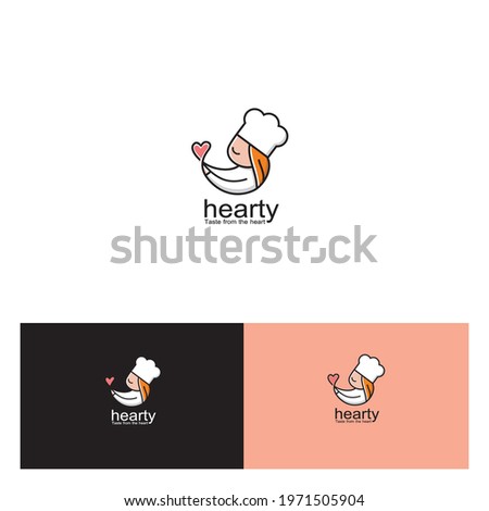 logo design, with the icon of a cute female chef and symbols serving with heart